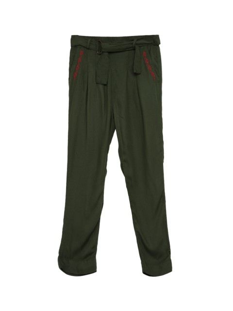 

UNDER FOURTEEN ONLY Girls Green & Red Pure Cotton Pleated Belted Trousers