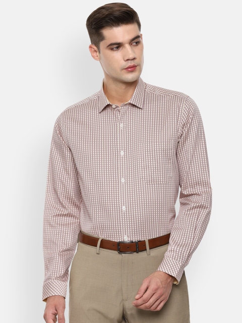 

Louis Philippe Men Beige and Maroon Geometric Printed Slim Fit Striped Formal Shirt