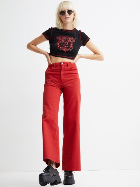 

H&M Women Black & Red Cotton Printed Cropped Top