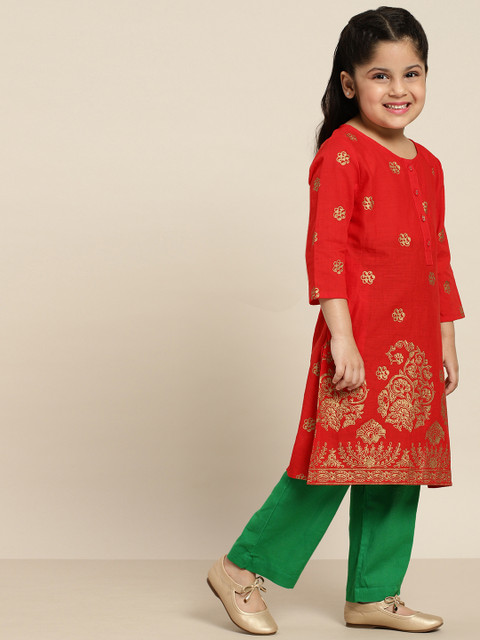 

Sangria Girls Red & Gold Ethnic Motifs Print Regular Cotton Kurta with Palazzos