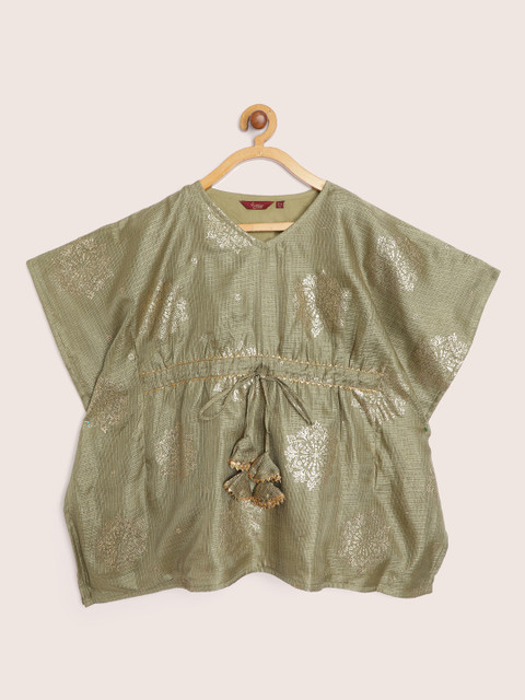 

Sangria Girls Olive Green & Golden Ethnic Motifs Printed Kaftan Kurta