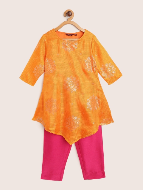 

Sangria Girls Orange & Fuchsia Asymmetric Hem Ethnic Printed A-Line Kurta with Trousers