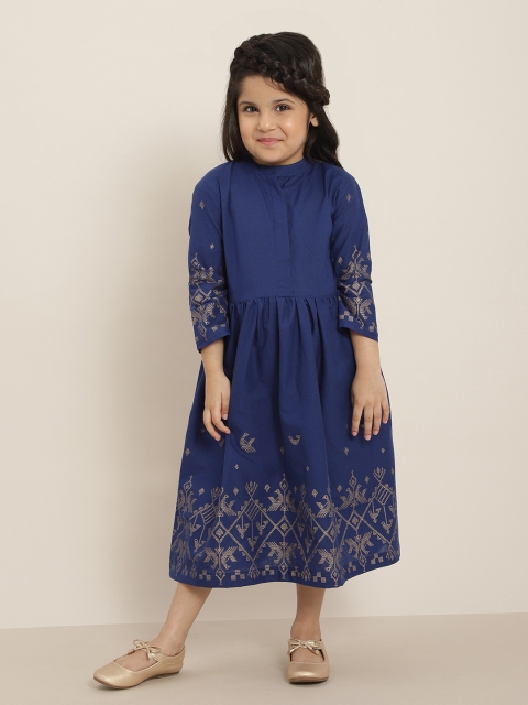 

Sangria Girls Blue & Beige Ethnic Motifs Print Pure Cotton Fit & Flare Dress