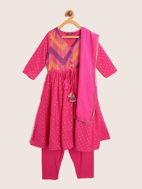 

Sangria Girls Pink & Gold Polka Dot Chevron Print Front-Slit Anarkali Kurta Salwar Dupatta