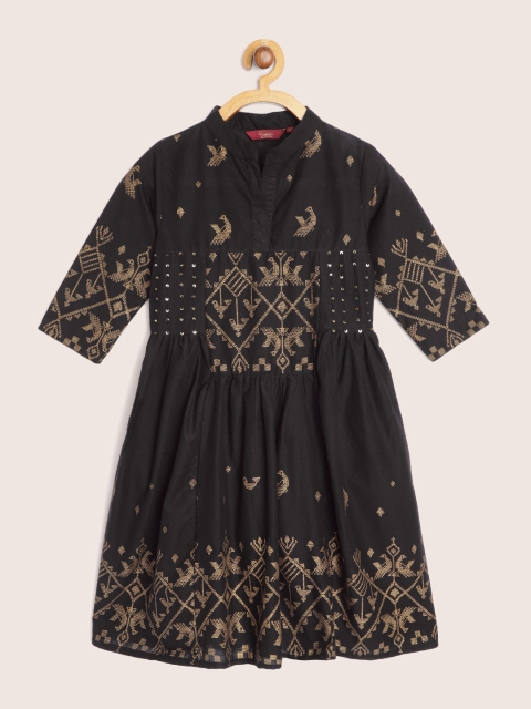 

Sangria Girls Black & Golden Ethnic Motifs Print Sequinned Pure Cotton A-Line Kurta