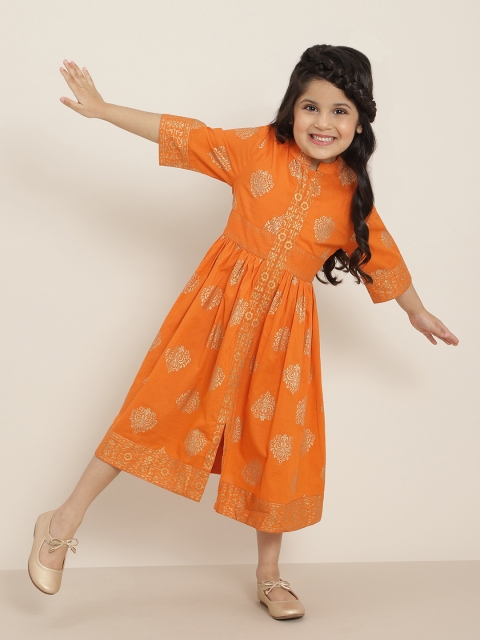 

Sangria Girls Orange & Golden Ethnic Motifs Print Pure Cotton Fit & Flare Dress