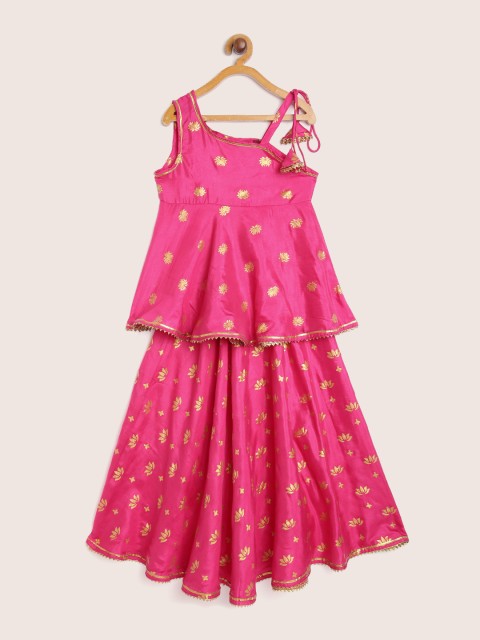 

Sangria Girls Pink & Golden Ethnic Printed Ready to Wear Lehenga with Blouse