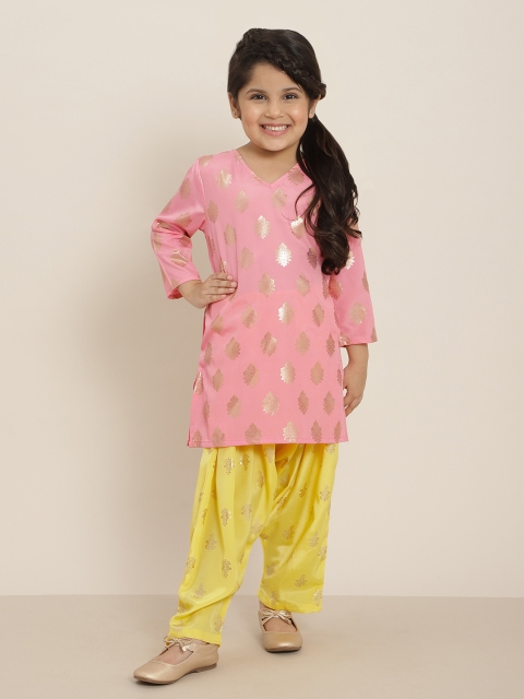 

Sangria Girls Pink & Yellow Ethnic Motifs Printed Kurta with Salwar