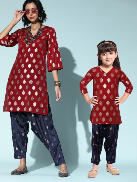 

Sangria Girls Red & Navy Ethnic Motifs Printed Kurta with Salwar