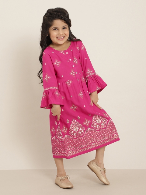 

Sangria Girls Rose & White Ethnic Motifs Printed Flared Sleeves Pleated Rayon Empire Dress