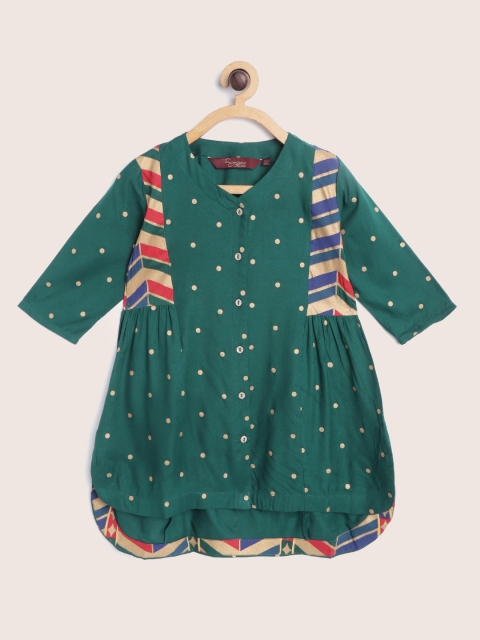 

Sangria Girls Green & Golden Polka Dots Print High-Low A-Line Kurta