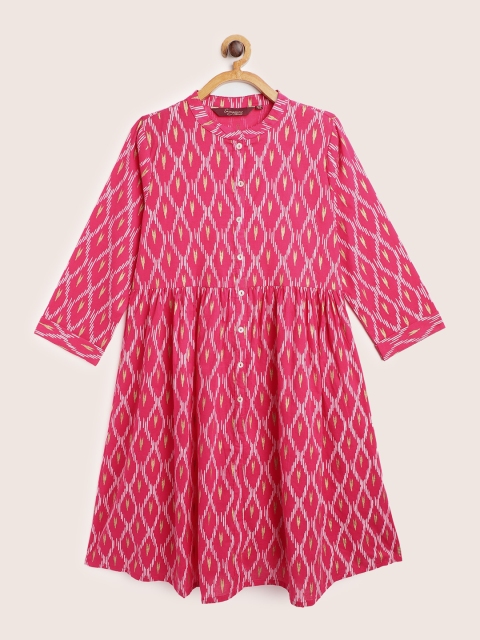 

Sangria Girls Pink & Gold-Toned Geometric Foil Print Pure Cotton A-Line Kurta with Gathers