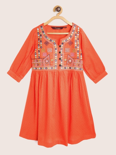 

Sangria Girls Orange & Navy Blue Self & Yoke Design Pure Cotton Mirror Work A-Line Dress
