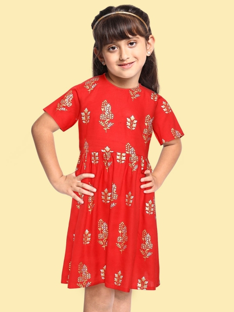 

Sangria Girls Red & Golden Ethnic Motifs Print Fit and Flare Dress