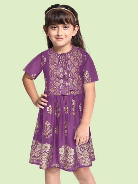 

Sangria Girls Purple & Golden Ethnic Motifs Print Pure Cotton A-Line Kurta