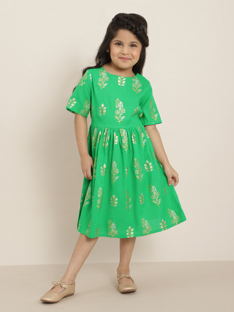 

Sangria Girls Green & Golden Ethnic Motifs Print A-Line Dress