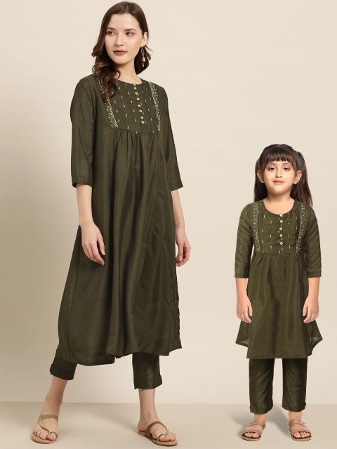 

Sangria Girls Olive Green & Golden Yoke Design Panelled A-Line Kurta with Trousers