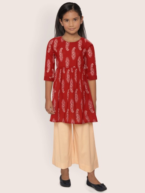 

Sangria Maroon & Peach-Coloured Pure Cotton Printed A-Line Kurta with Solid Palazzos