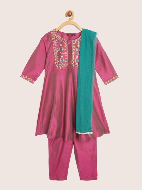 

Sangria Girls Magenta Floral Embroidered Regular Kurta with Trousers & With Dupatta