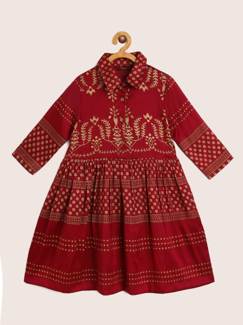 

Sangria Girls Magenta & Golden Ethnic Motifs Print A-Line Dress