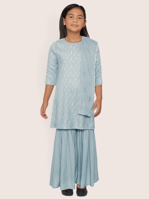

Sangria Girls Grey & Silver Printed Kurta with Sharara & Dupatta