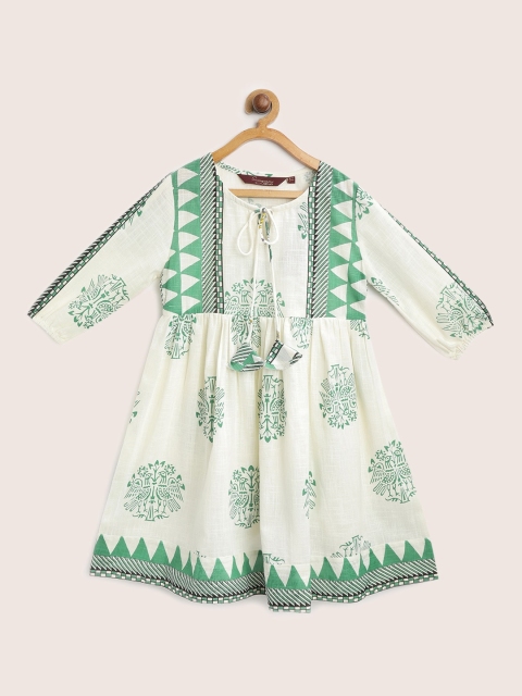 

Sangria Girls Off-White & Green Printed A-Line Dress