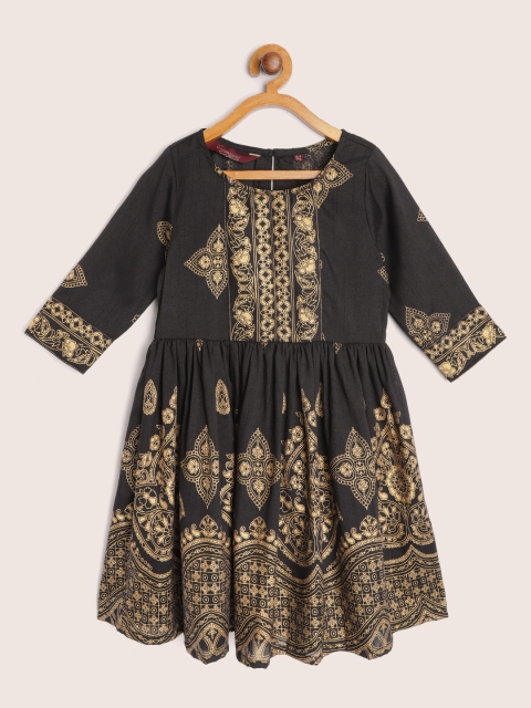 

Sangria Girls Black & Golden Ethnic Motifs Print Ethnic Fit & Flare Dress