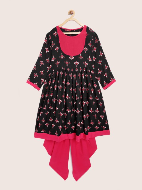 

Sangria Girls Black & Pink Ethnic Motif Print Kurta with Dhoti Pants