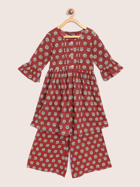 

Sangria Girls Maroon & Beige Ethnic Motifs Print Pure Cotton A-Line Kurta with Palazzos