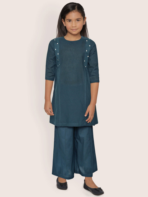 

Sangria Girls Rust Teal Green Embroidered Detail Pure Cotton A-Line Kurta & Palazzos