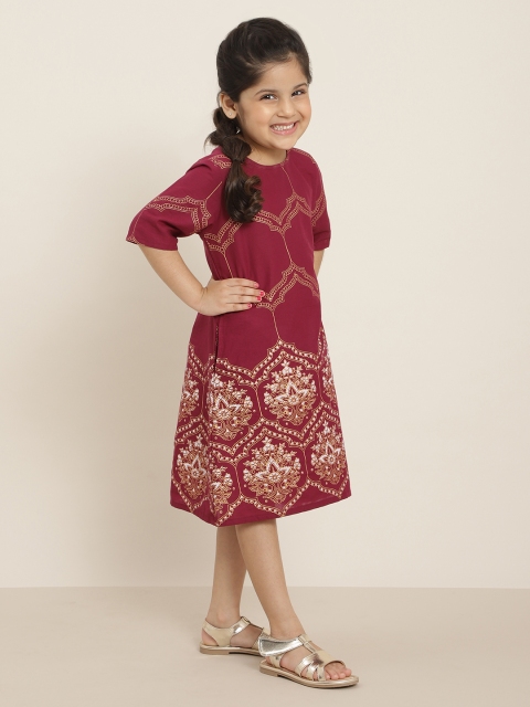 

Sangria Girls Burgundy & Golden Cotton Ethnic Motifs Sheath Dress