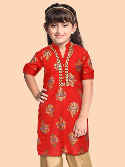 

Sangria Girls Red & Golden Floral Printed Pure Cotton Straight Kurta