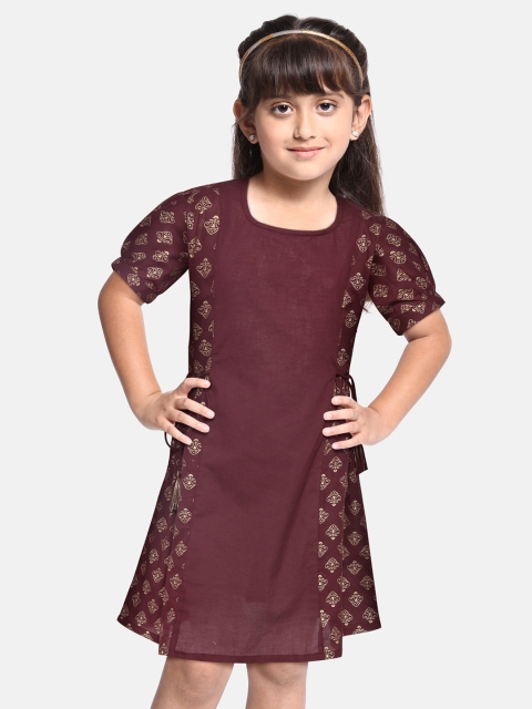 

Sangria Girls Burgundy & Golden Cotton Ethnic Motifs Fit & Flare Dress