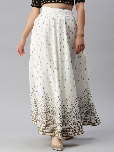 

De Moza Women Off-White & Gold Foil Print Flared Skirt
