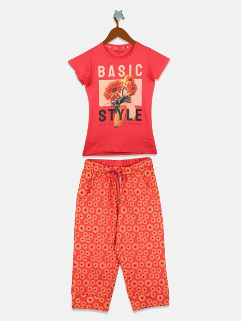 

Monte Carlo Girls Peach-Coloured Printed Cotton T-shirt with Capris