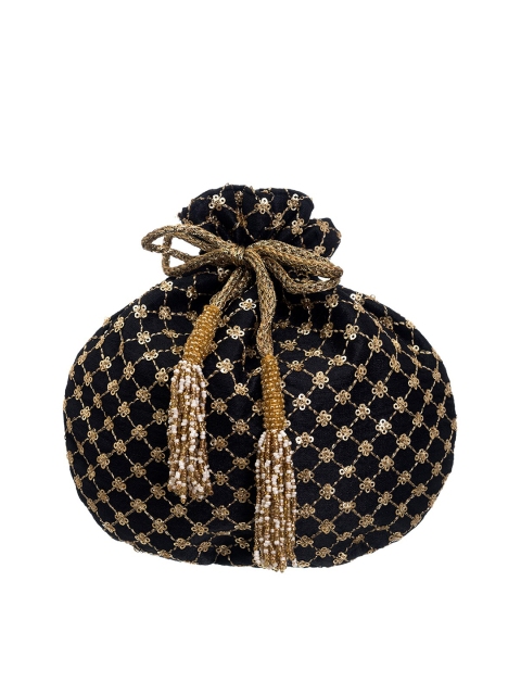 

INDYA Black & Gold-Toned Embellished Fringed Potli Clutch