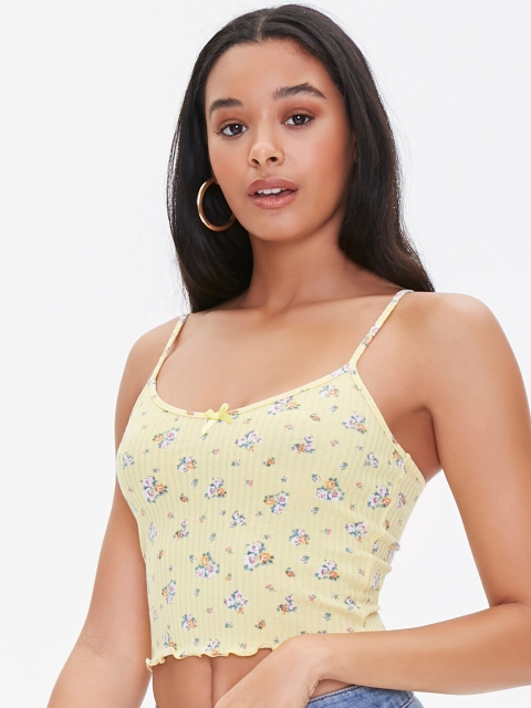 

FOREVER 21 Women Yellow & White Floral Fitted Crop Top
