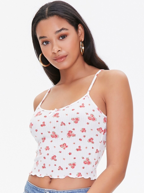 

FOREVER 21 Women White & Pink Floral Fitted Crop Top