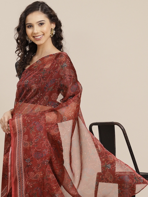 

Inddus Maroon & Green Ethnic Motifs Organza Saree