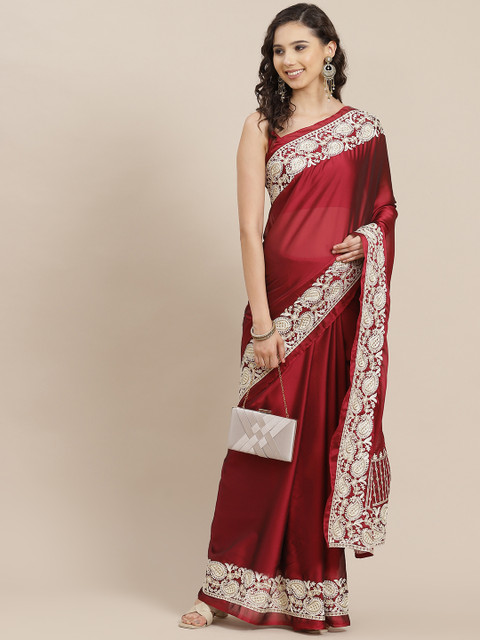 

Inddus Maroon Solid Saree With Woven Design Border
