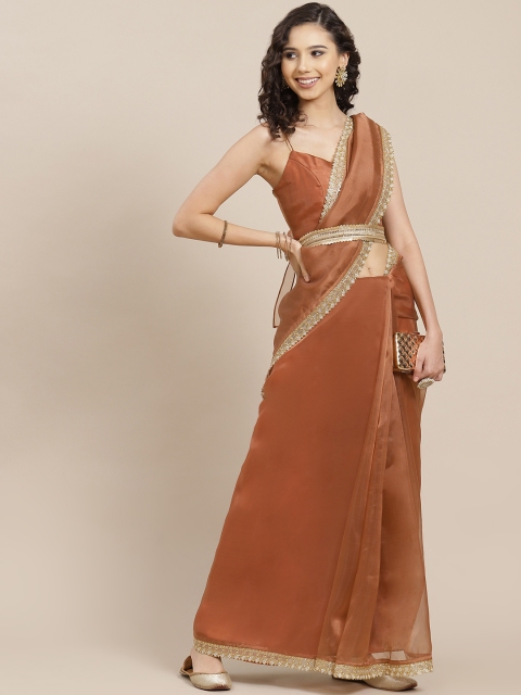 

Inddus Rust Brown Solid Organza Saree