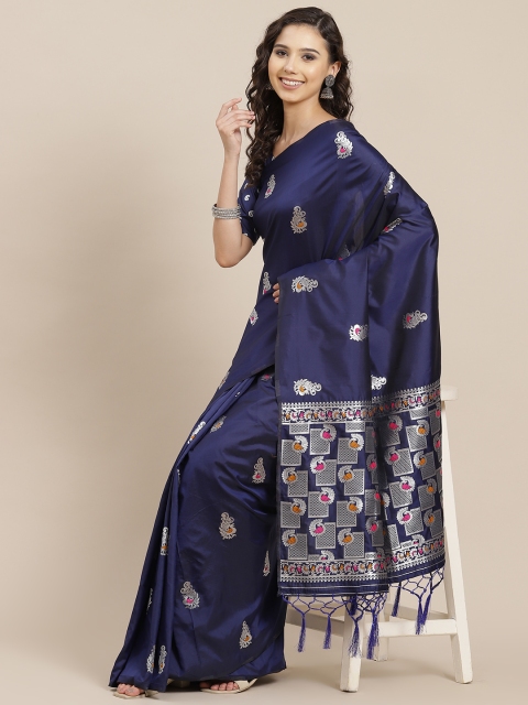 

Inddus Navy Blue & Silver Ethnic Woven Design Banarasi Saree