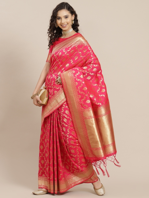 

Inddus Pink & Golden Ethnic Motifs Zari Silk Blend Banarasi Saree