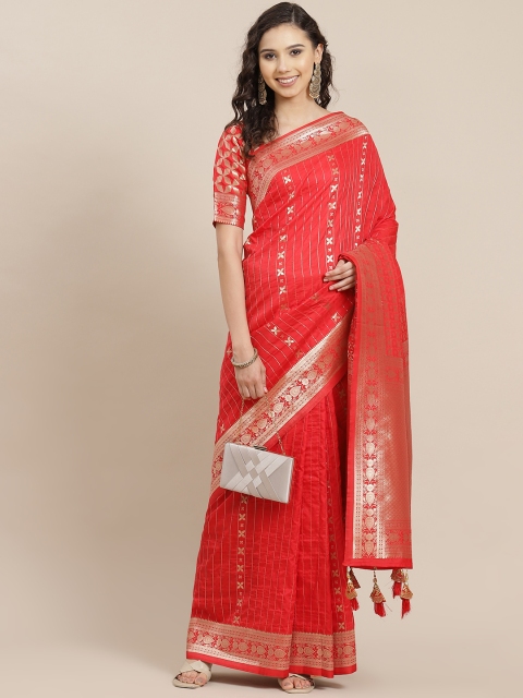 

Inddus Red & Gold-Toned Striped Zari Silk Blend Banarasi Saree