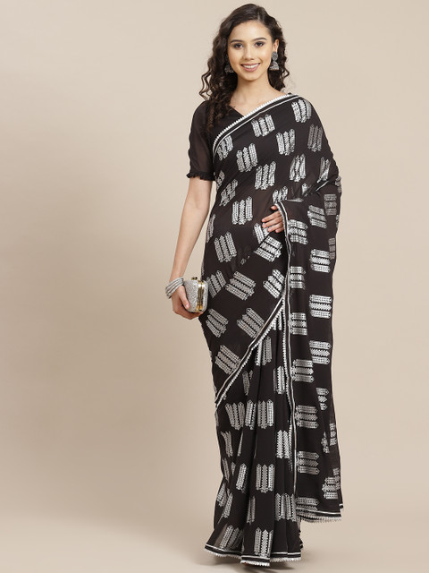 

Inddus Black & Silver Ethnic Motifs Saree
