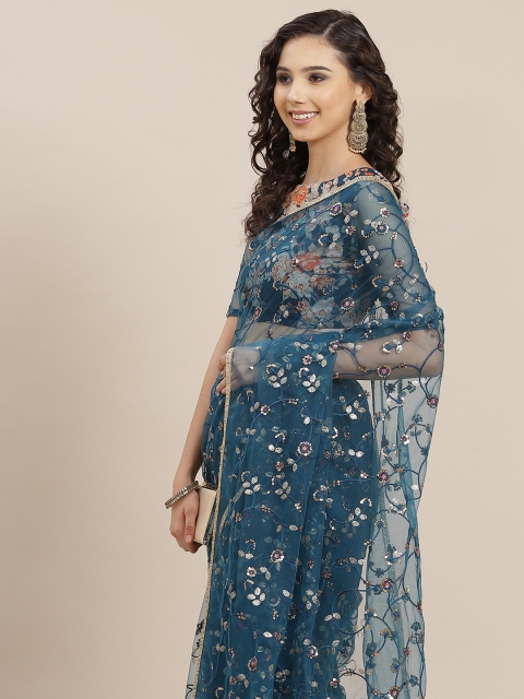

Inddus Teal Blue & Pink Ethnic Motifs Sequinned Net Saree