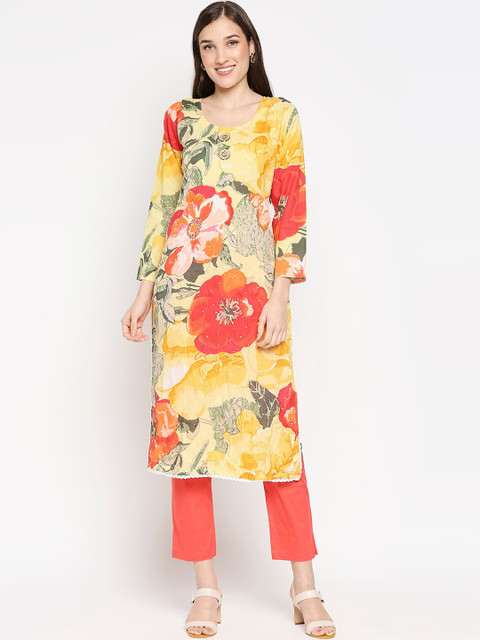 

SALWAR STUDIO Women Yellow Floral Printed Pure Cotton Kurta with Trousers