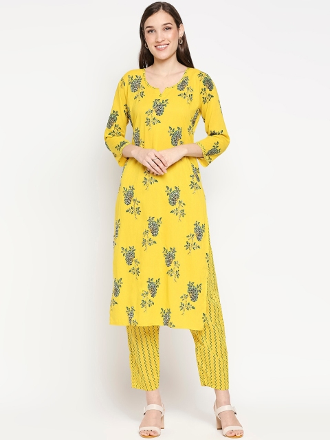 

SALWAR STUDIO Women Yellow Floral Printed Pure Cotton Kurta with Trousers