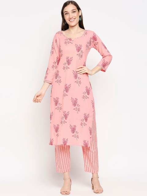 

SALWAR STUDIO Women Pink Floral Printed Pure Cotton Kurta with Trousers