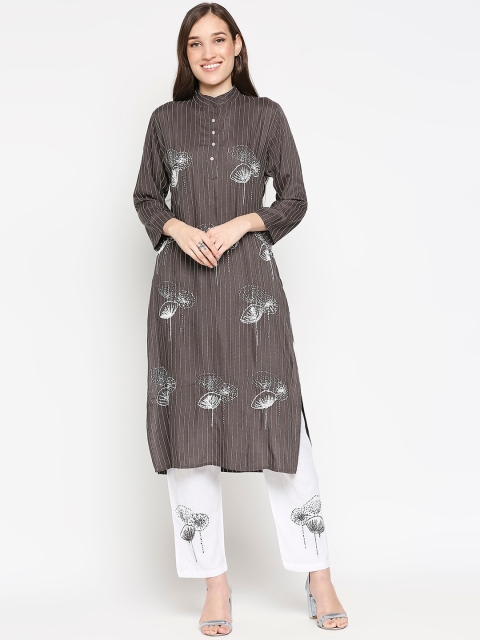 

SALWAR STUDIO Women Grey Floral Striped Pure Cotton Kurta with Trousers